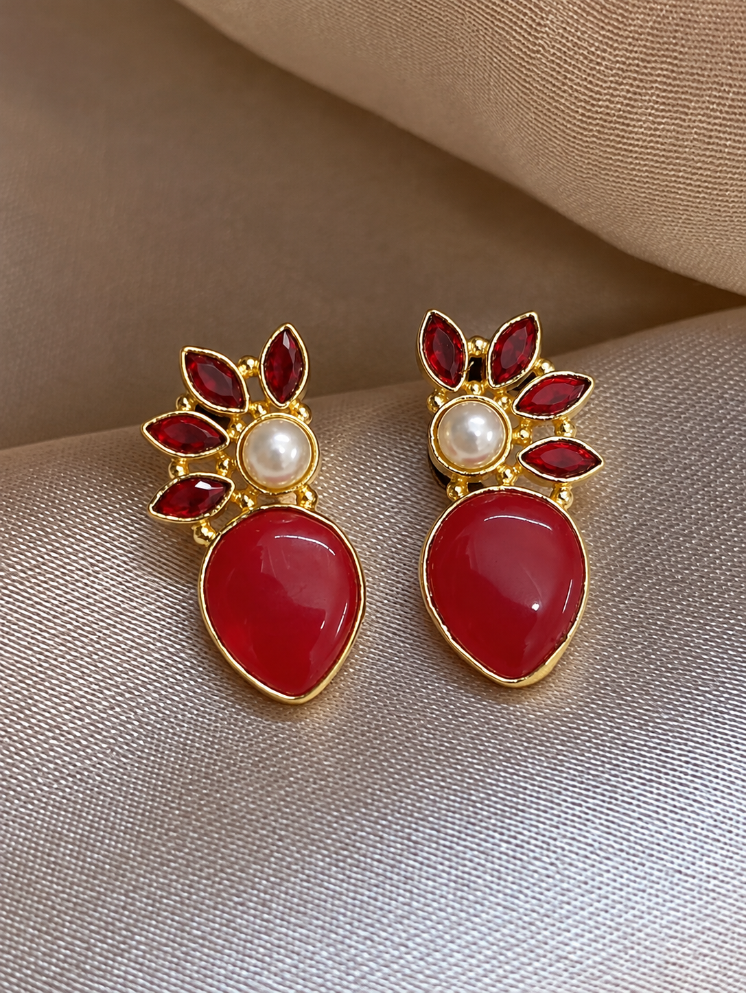 Handmade Brass Red Coral Teardrop Stud Earrings, Pearl Crown Navette Crystal Statement Earrings, Regal Gold Festive Jewelry for Women