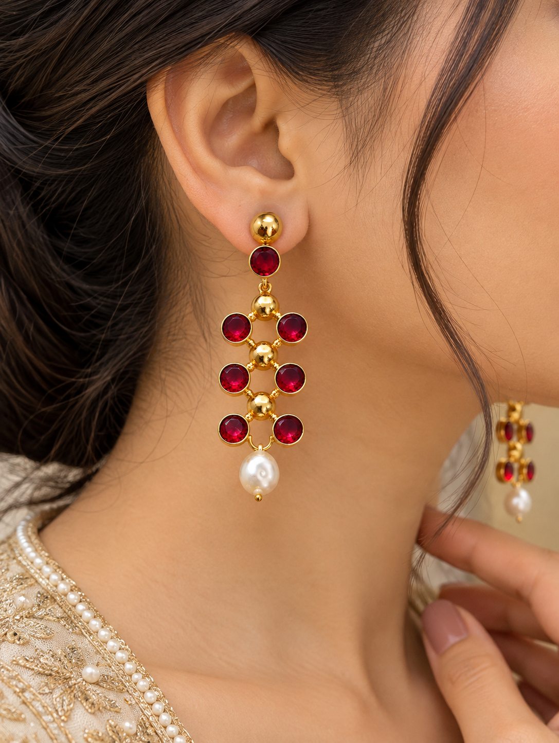 Handmade Brass Ruby Red Stone Long Drop Earrings with Baroque Pearl Dangles