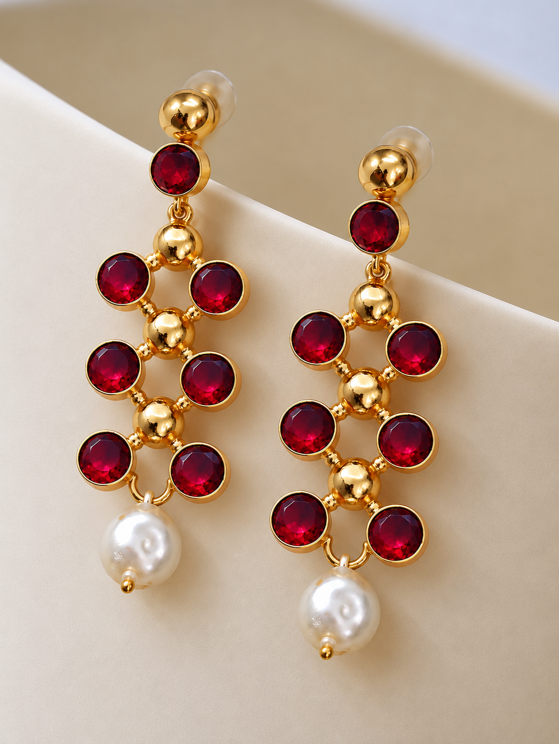 Handmade Brass Ruby Red Stone Long Drop Earrings with Baroque Pearl Dangles