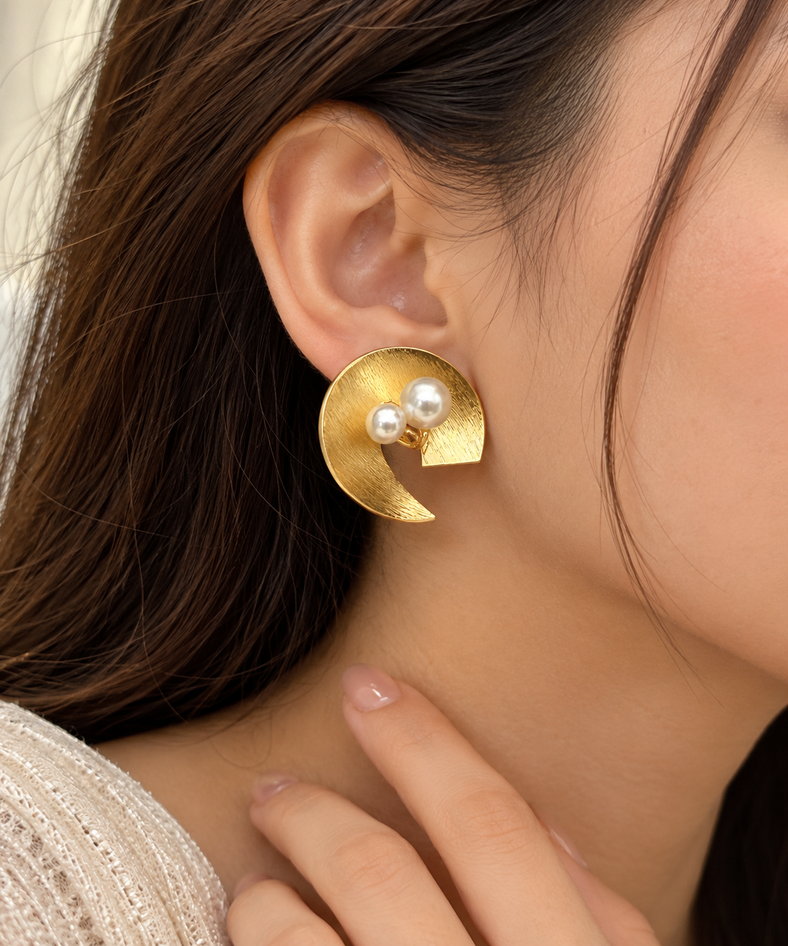 Handmade Brass Crescent Moon Pearl Stud Earrings – Elegant Sculptural Statement Jewelry