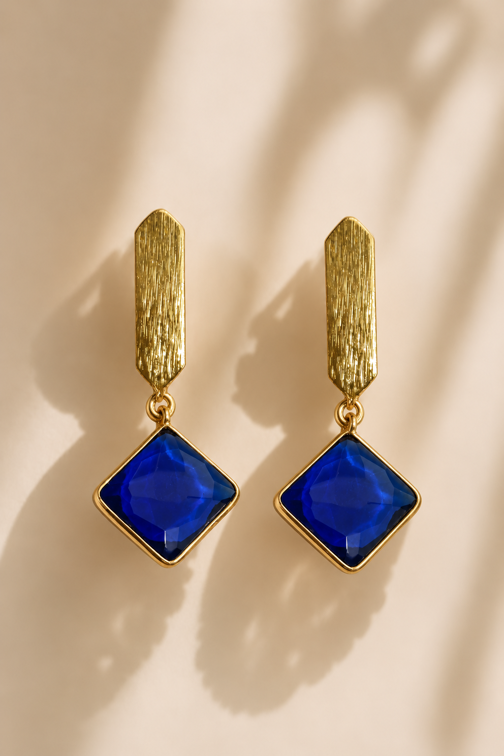 Handmade Brass Dangle Earrings with Faceted Royal Blue Gemstones, Textured Geometric Drop Earrings for Women
