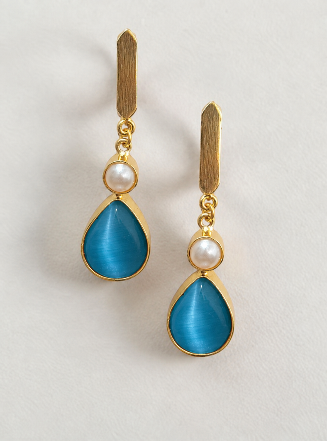 Handmade Brass Drop Earrings, Artisan Pear Stone Dangle Earrings with Pearl Accent, Handcrafted Elegant Jewelry Gift for Her
