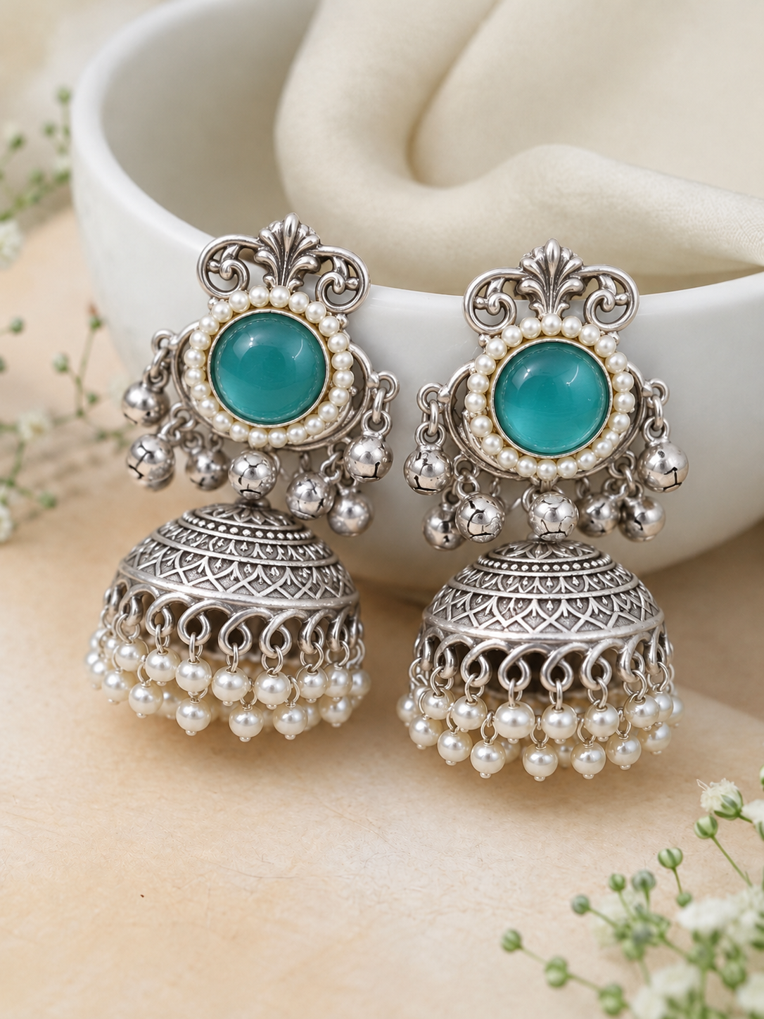 Handmade Kashmiri Brass Jhumka Earrings, Handcrafted Ethnic Drop Jhumki Earrings with Pearl Detailing, Traditional Statement Jewelry