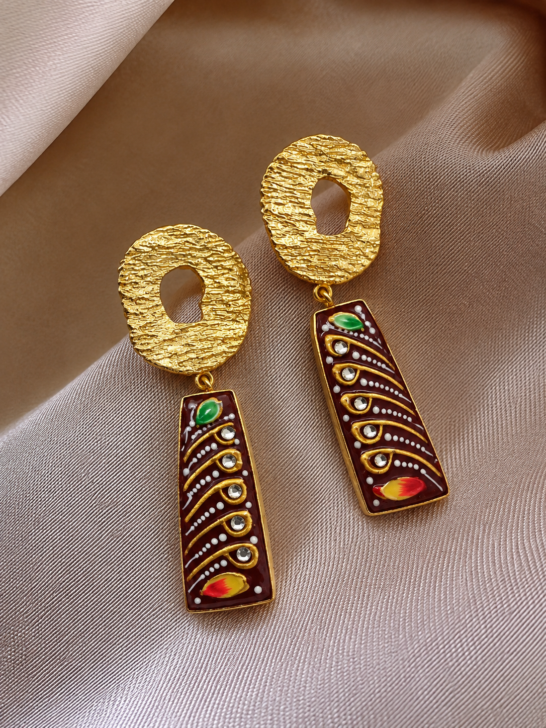 Handmade Brass Butterfly Drop Earrings, Hand Painted Floral Meenakari Oval Dangle Earrings, Vintage Boho Statement Jewelry for Women