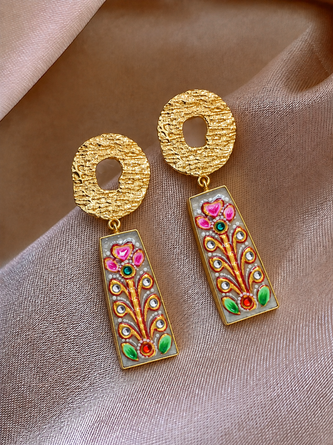 Handmade Brass Butterfly Drop Earrings, Hand Painted Floral Meenakari Oval Dangle Earrings, Vintage Boho Statement Jewelry for Women