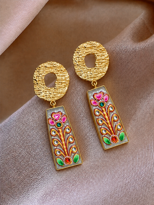 Handmade Brass Butterfly Drop Earrings, Hand Painted Floral Meenakari Oval Dangle Earrings, Vintage Boho Statement Jewelry for Women