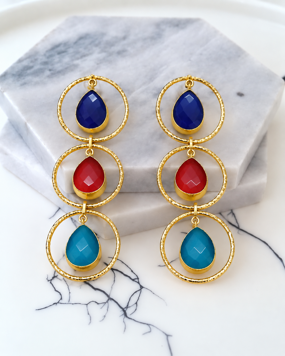 Handmade Brass Dangle Drop Earrings with Multicolor Teardrop Gemstones
