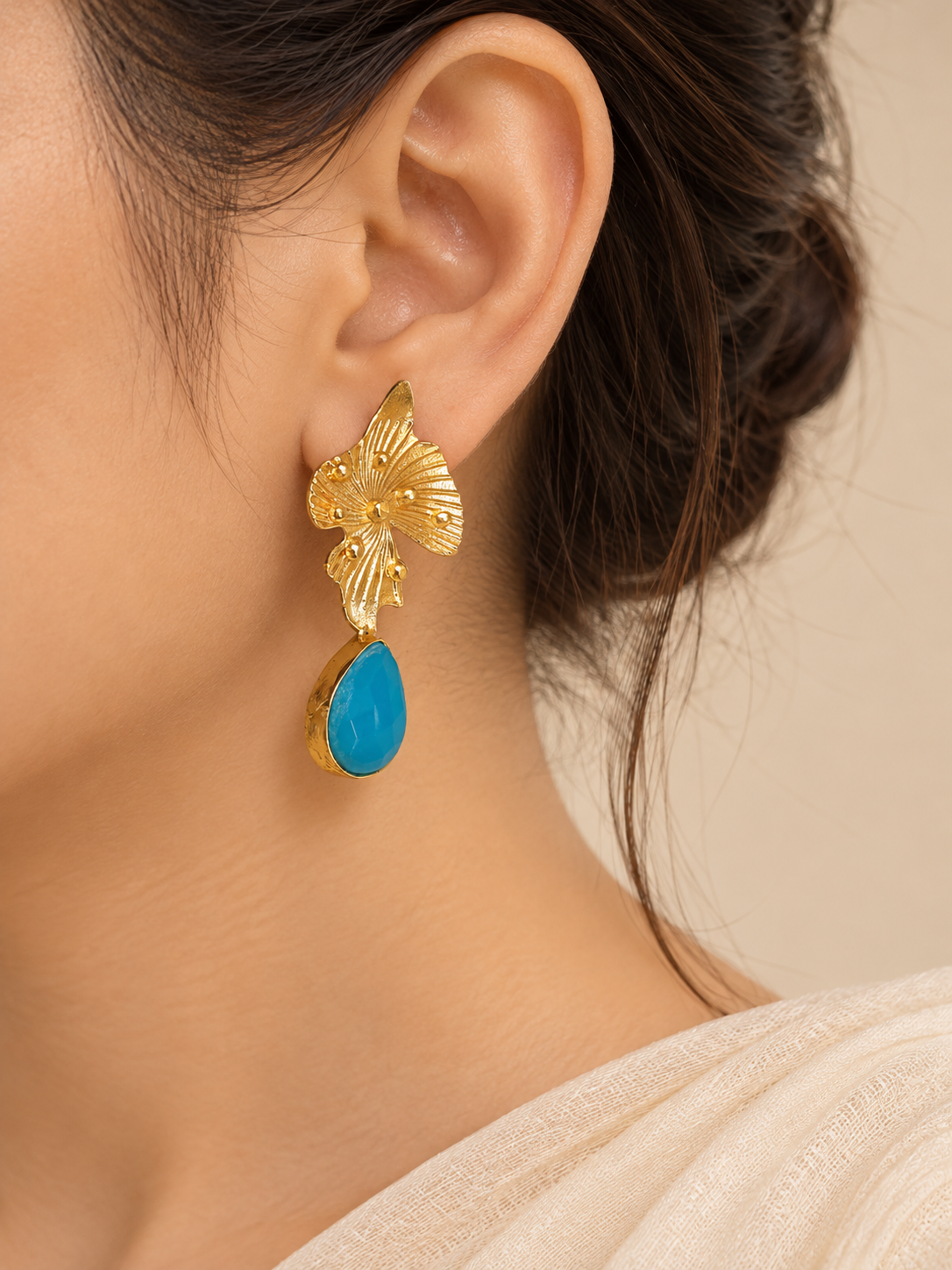 Handmade Brass Turquoise Teardrop Dangle Earrings, Textured Floral Leaf Drop Earrings, Boho Artisan Gold Jewelry for Women