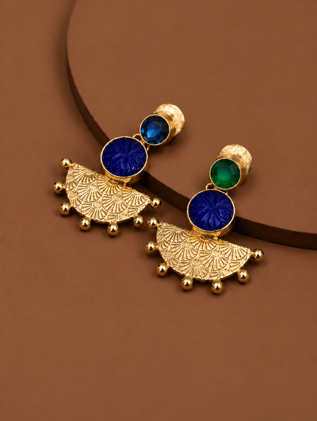 Handmade Brass Fan Drop Earrings, Gold Textured Half Sunburst Earrings with Emerald Green Carved Stones, Artisan Statement Jewelry