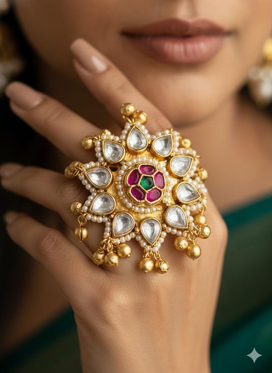 Brass-Based Paachi Kundan &amp; AD Stone Ghungroo Puwai Adjustable Ring