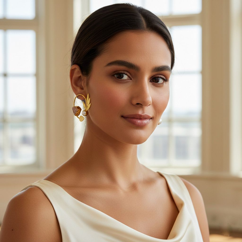 Brass-Based Leaf Design Earrings with Nature Rose Squad Stone & Golden Polish