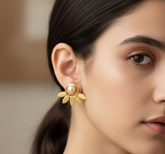 “Delicate Small Brass Leaf Earrings with Pearls – Golden Polish Finish”