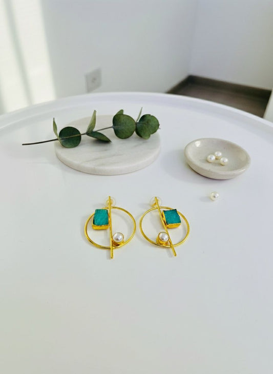 Brass-Based Round Design Earrings with Nature Amazonite Stone &amp; Golden Polish