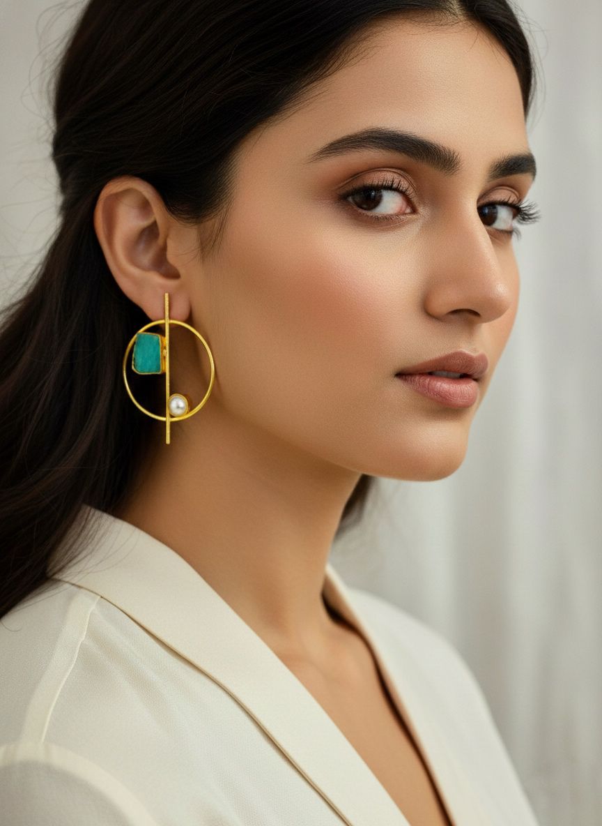 Brass-Based Round Design Earrings with Nature Amazonite Stone &amp; Golden Polish