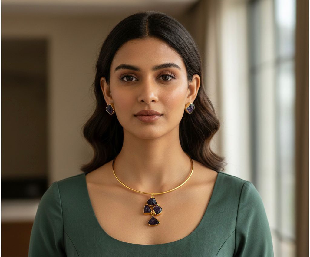 Semi-Precious Stone Western Design Hasli Necklace Set with Ear Tops