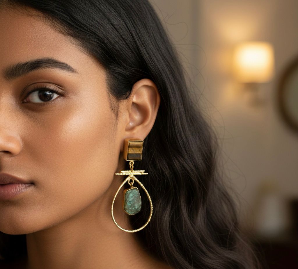 Brass-Based Designer Natural Semi-Precious Stone Oval Shape Dangle Earrings ✨