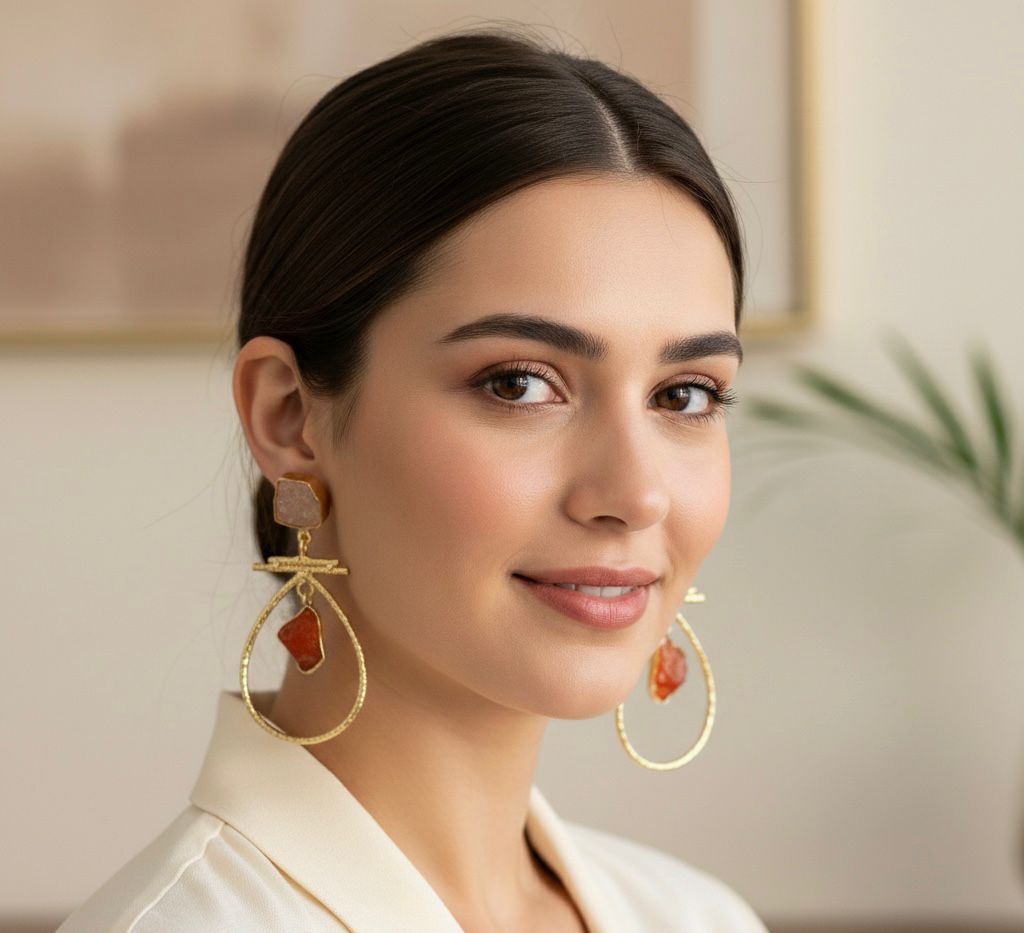 Brass-Based Designer Natural Semi-Precious Stone Oval Shape Dangle Earrings ✨