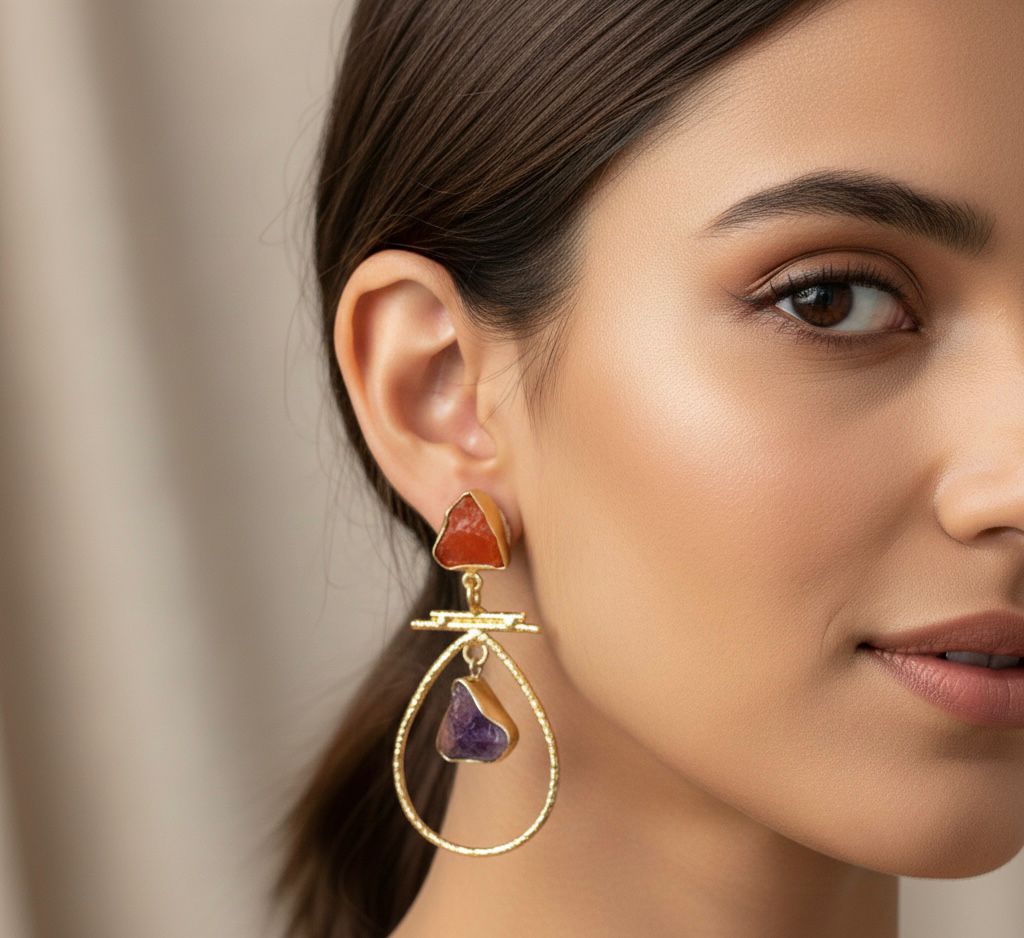 Brass-Based Designer Natural Semi-Precious Stone Oval Shape Dangle Earrings ✨