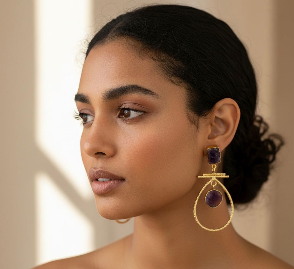 Brass-Based Designer Natural Semi-Precious Stone Oval Shape Dangle Earrings ✨