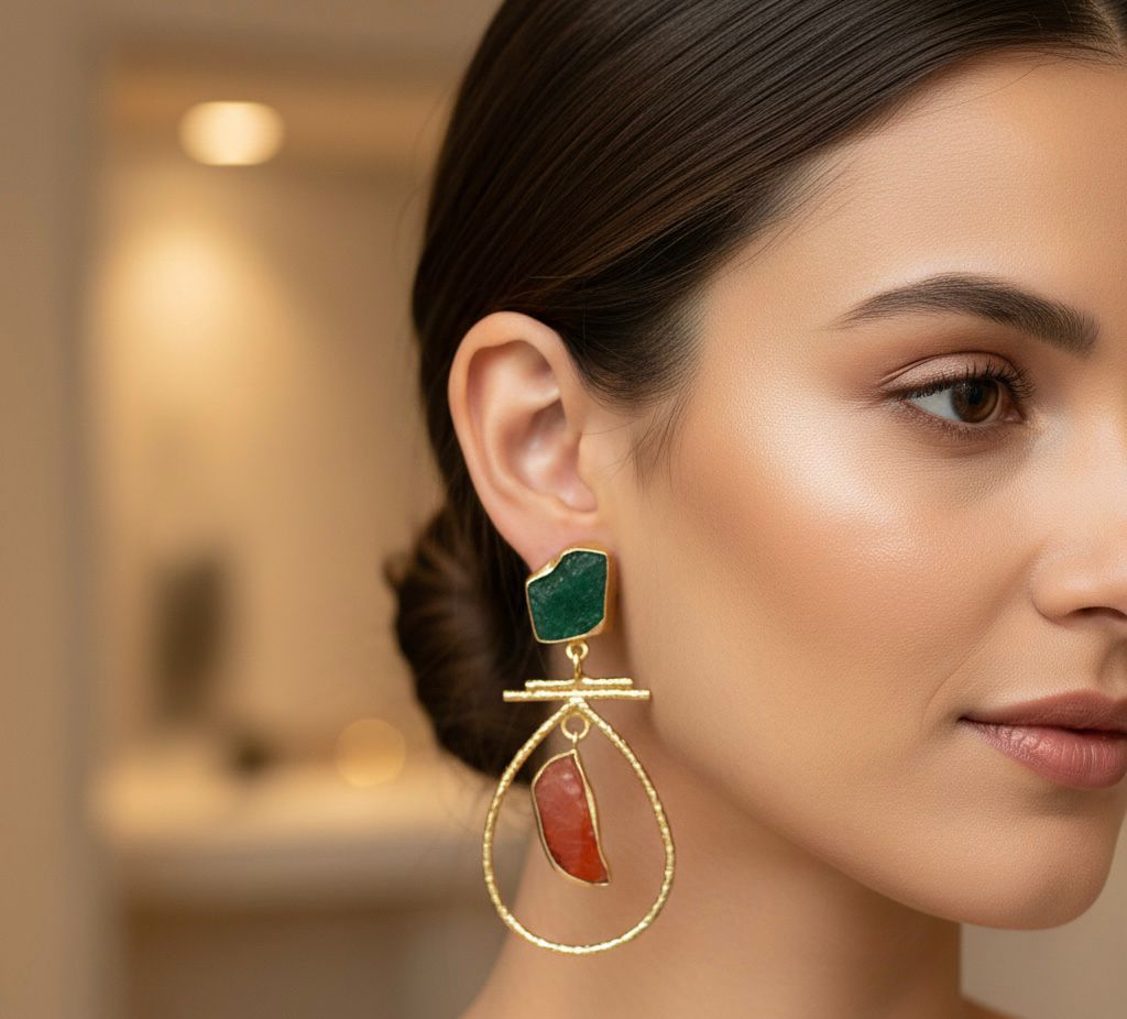 Brass-Based Designer Natural Semi-Precious Stone Oval Shape Dangle Earrings ✨