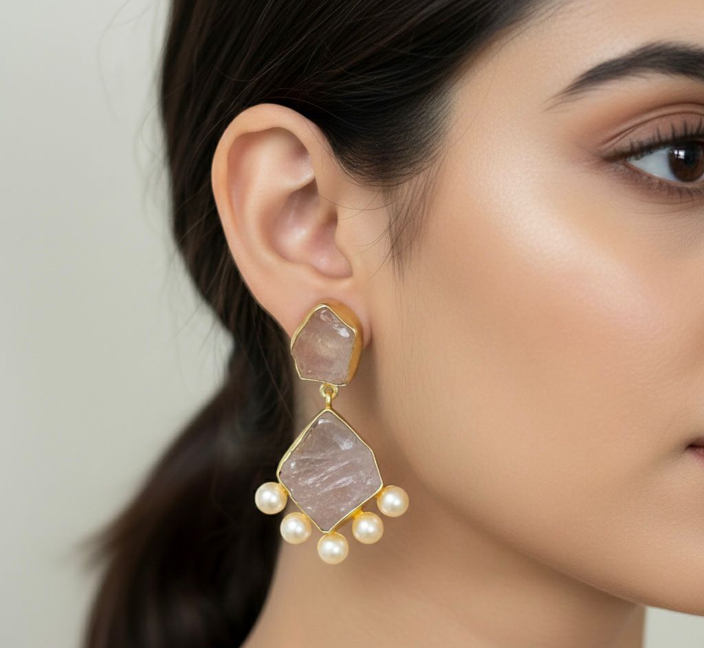 Brass-Based Semi-Precious Natural Stone Earrings with Pearl
