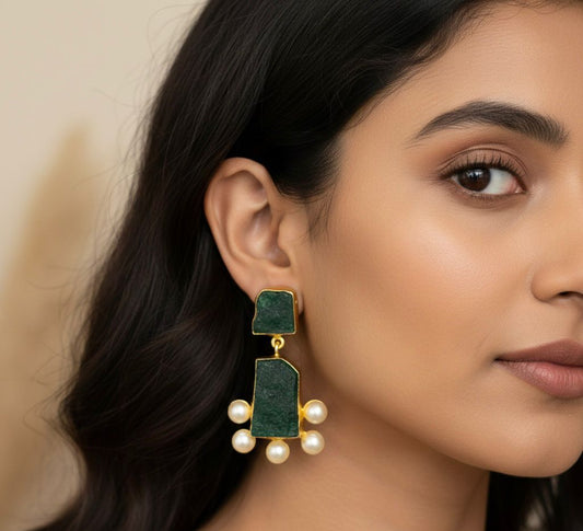 Brass-Based Semi-Precious Natural Stone Earrings with Pearl