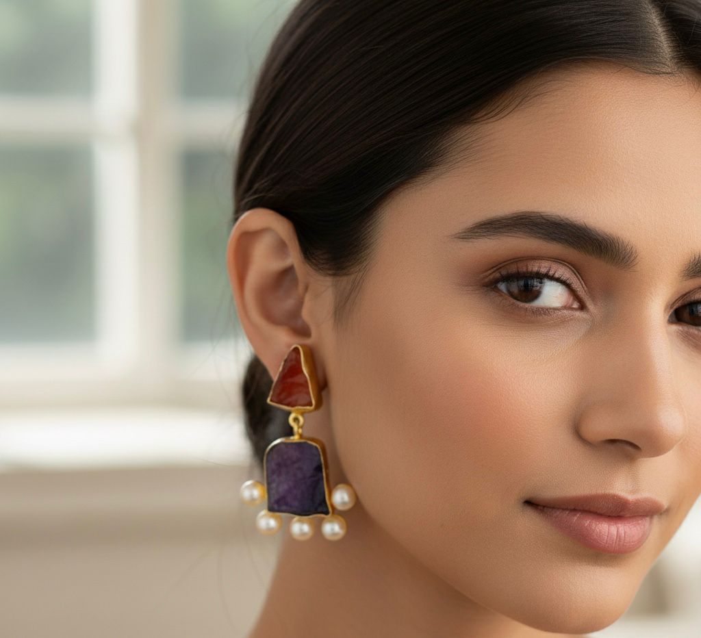 Brass-Based Semi-Precious Natural Stone Earrings with Pearl