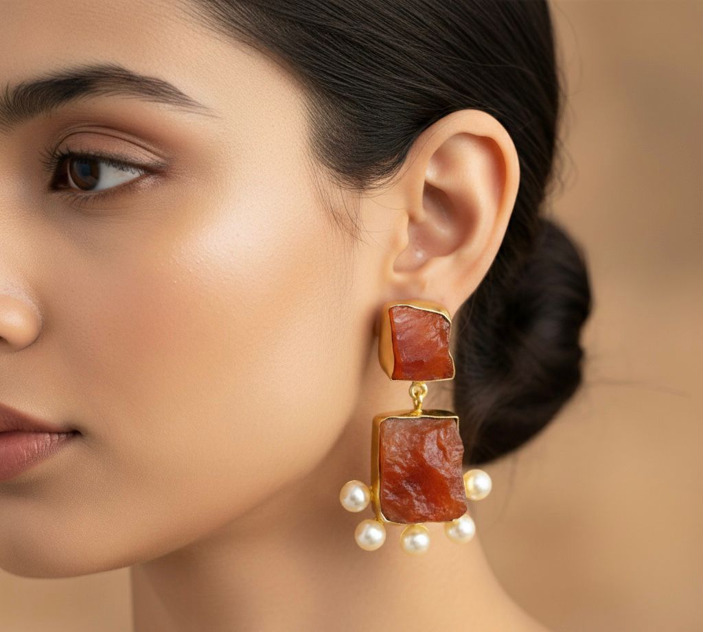 Brass-Based Semi-Precious Natural Stone Earrings with Pearl
