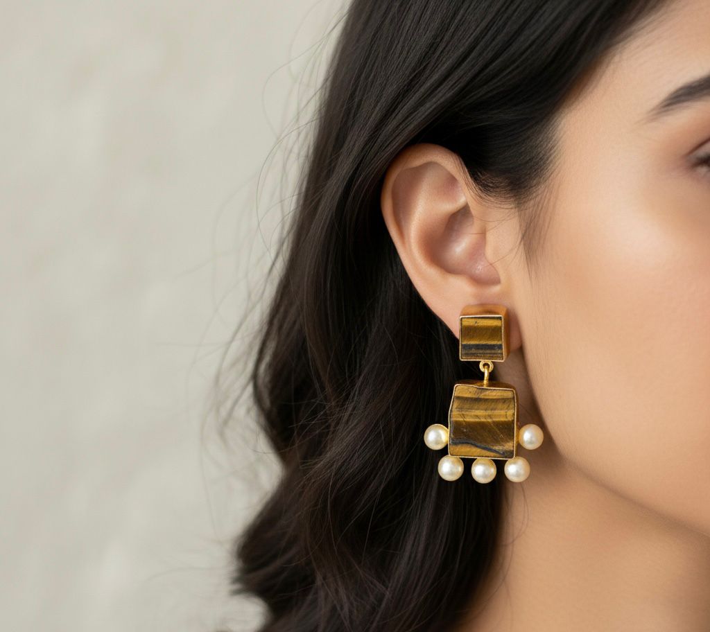 Brass-Based Semi-Precious Natural Stone Earrings with Pearl